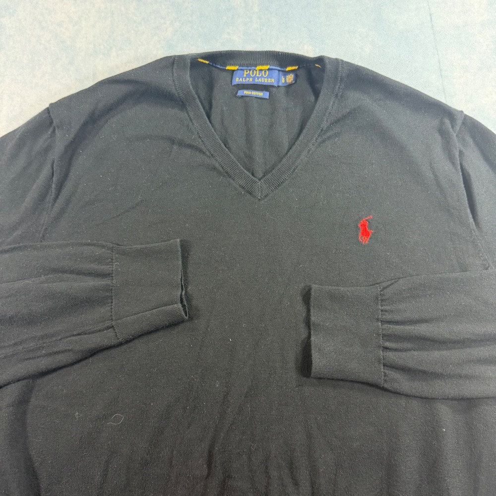 Polo Ralph Lauren Sweater Mens Large Black Pima Cotton V-Neck Red Pony‎ Logo EUC
